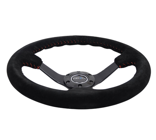 NRG Reinforced Steering Wheel (350mm / 3in. Deep) Blk Suede/Red BBall Stitch w/5mm Matte Blk Spokes NRG Steering Wheels  AXOPROS