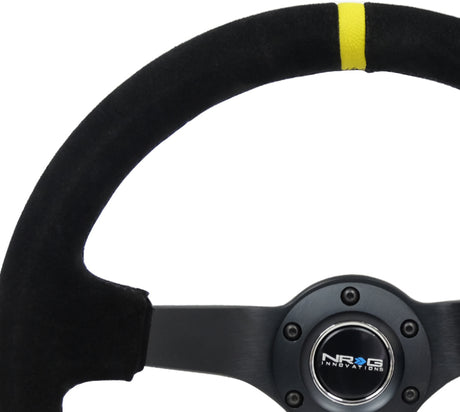 NRG Reinforced Steering Wheel (350mm / 3in. Deep) Blk Suede/X-Stitch w/5mm Blk Spoke & Yellow CM NRG Steering Wheels  AXOPROS