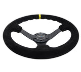 NRG Reinforced Steering Wheel (350mm / 3in. Deep) Blk Suede/X-Stitch w/5mm Blk Spoke & Yellow CM NRG Steering Wheels  AXOPROS