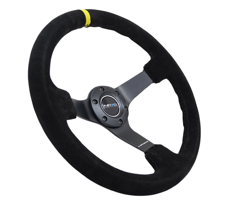 NRG Reinforced Steering Wheel (350mm / 3in. Deep) Blk Suede/X-Stitch w/5mm Blk Spoke & Yellow CM NRG Steering Wheels  AXOPROS