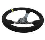 NRG Reinforced Steering Wheel (350mm / 3in. Deep) Blk Suede/X-Stitch w/5mm Blk Spoke & Yellow CM NRG Steering Wheels  AXOPROS