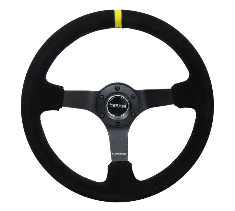 NRG Reinforced Steering Wheel (350mm / 3in. Deep) Blk Suede/X-Stitch w/5mm Blk Spoke & Yellow CM NRG Steering Wheels  AXOPROS