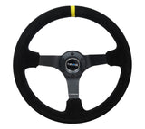 NRG Reinforced Steering Wheel (350mm / 3in. Deep) Blk Suede/X-Stitch w/5mm Blk Spoke & Yellow CM NRG Steering Wheels  AXOPROS
