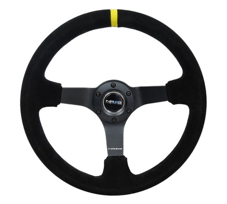 NRG Reinforced Steering Wheel (350mm / 3in. Deep) Blk Suede/X-Stitch w/5mm Blk Spoke & Yellow CM NRG Steering Wheels  AXOPROS