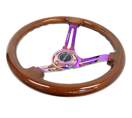 NRG Reinforced Steering Wheel (350mm / 3in. Deep) Brown Wood w/Blk Matte Spoke/Neochrome Center Mark NRG Steering Wheels  AXOPROS