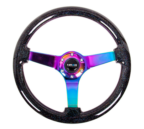 NRG Reinforced Steering Wheel (350mm / 3in. Deep) Classic Blk Sparkle w/4mm Neochrome 3-Spoke Center NRG Steering Wheels  AXOPROS