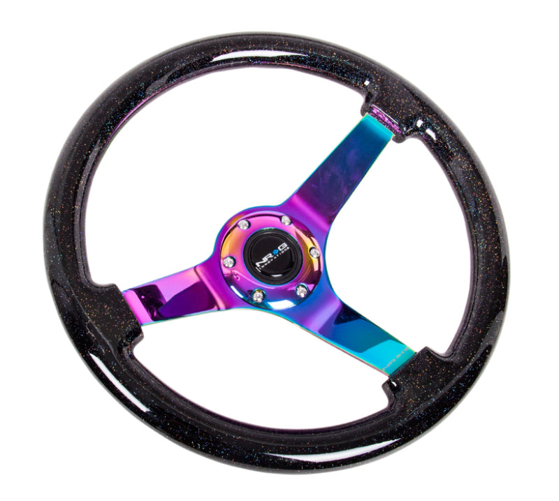 NRG Reinforced Steering Wheel (350mm / 3in. Deep) Classic Blk Sparkle w/4mm Neochrome 3-Spoke Center NRG Steering Wheels  AXOPROS