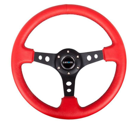 NRG Reinforced Steering Wheel (350mm / 3in. Deep) Red Leather/Blk Stitch w/Blk Spokes (Hole Cutouts) NRG Steering Wheels  AXOPROS