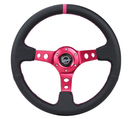NRG Reinforced Steering Wheel (350mm/3in. Deep) Black Leather/ Fushia Center Mark/ Fushia Stitching NRG Steering Wheels  AXOPROS