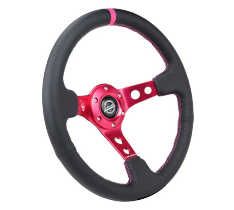 NRG Reinforced Steering Wheel (350mm/3in. Deep) Black Leather/ Fushia Center Mark/ Fushia Stitching NRG Steering Wheels  AXOPROS