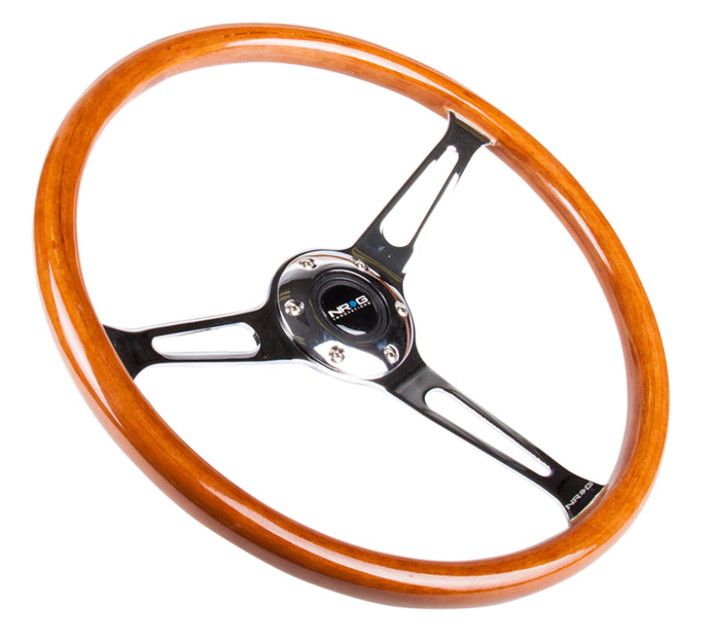 NRG Reinforced Steering Wheel (360mm) Classic Wood Grain w/Chrome Cutout 3-Spoke Center NRG Steering Wheels  AXOPROS