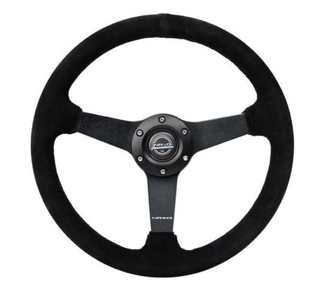 NRG Sport Steering Wheel (350mm / 1.5in Deep) Black Suede/Black Stitch w/Matte Black Solid Spokes NRG Steering Wheels  AXOPROS