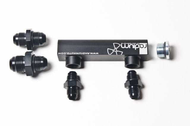 Radium Engineering Universal 4-Port Manifold - Black W/ Logo Radium Engineering Fuel Manifolds  AXOPROS