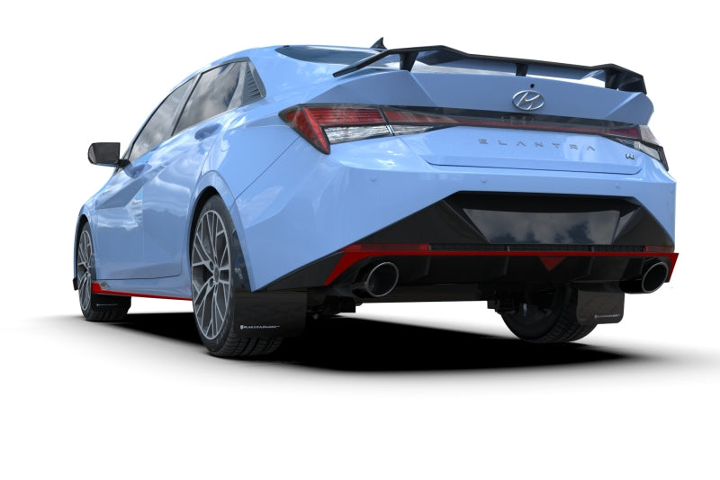 Rally Armor 22-23 Hyundai Elantra N &amp; N Line Black UR Mud Flap w/White Logo Rally Armor Mud Flaps  AXOPROS