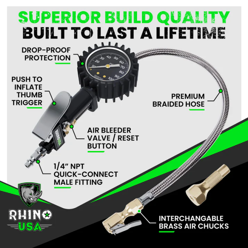 Rhino USA 100 Psi Analog Tire Inflator Gauge Rhino USA Gauges  AXOPROS