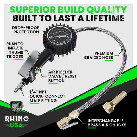 Rhino USA 100 Psi Analog Tire Inflator Gauge Rhino USA Gauges  AXOPROS