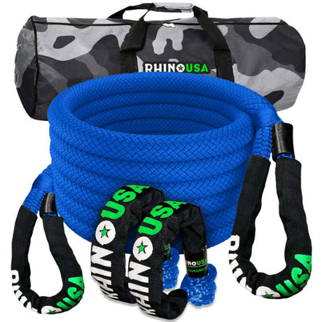 Rhino USA 7/8In X 30Ft Kinetic Rope Recovery Kit W/Soft Shackles (Blue) Rhino USA Cargo Tie-Downs  AXOPROS