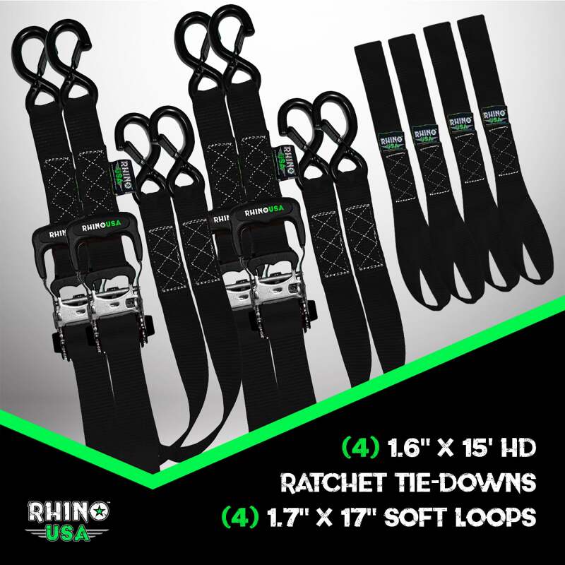Rhino USA Heavy Duty Ratchet Tie-Down 4-Pack Black 1.6In X 15Ft Rhino USA Cargo Tie-Downs  AXOPROS