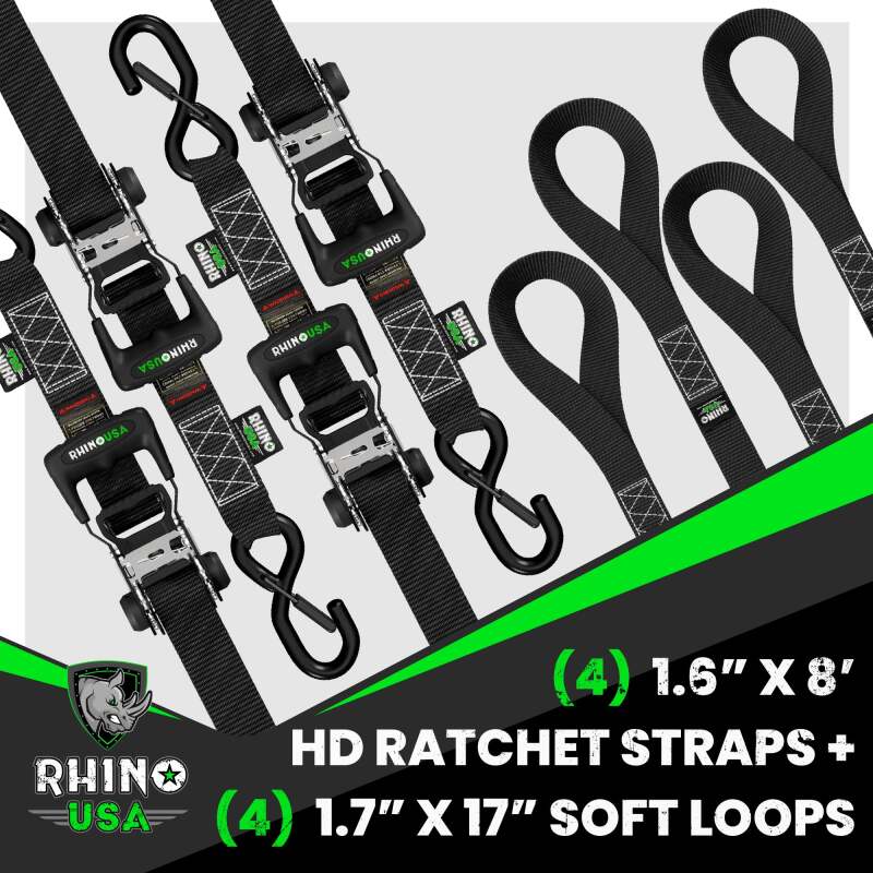 Rhino USA Heavy Duty Ratchet Tie-Down 4-Pack (Black) 1.6In X 8Ft Rhino USA Cargo Tie-Downs  AXOPROS