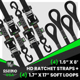Rhino USA Heavy Duty Ratchet Tie-Down 4-Pack (Black) 1.6In X 8Ft Rhino USA Cargo Tie-Downs  AXOPROS