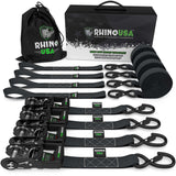 Rhino USA Heavy Duty Ratchet Tie-Down 4-Pack (Black) 1.6In X 8Ft Rhino USA Cargo Tie-Downs  AXOPROS
