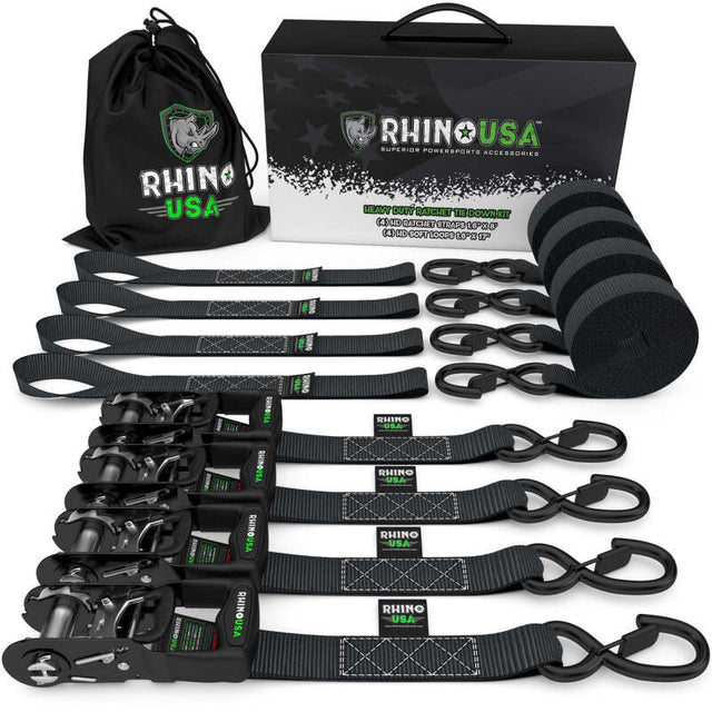 Rhino USA Heavy Duty Ratchet Tie-Down 4-Pack (Black) 1.6In X 8Ft Rhino USA Cargo Tie-Downs  AXOPROS