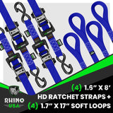 Rhino USA Heavy Duty Ratchet Tie-Down 4-Pack (Blue) 1.6In X 8Ft Rhino USA Cargo Tie-Downs  AXOPROS