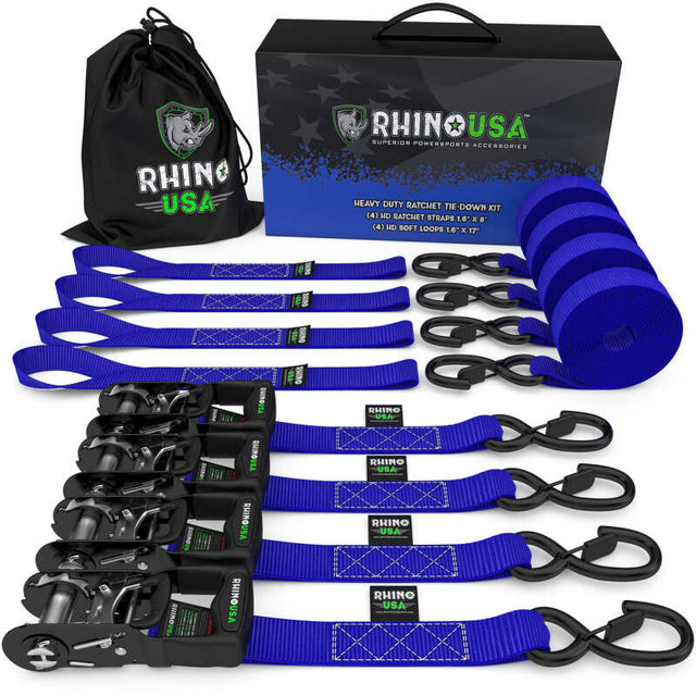 Rhino USA Heavy Duty Ratchet Tie-Down 4-Pack (Blue) 1.6In X 8Ft Rhino USA Cargo Tie-Downs  AXOPROS