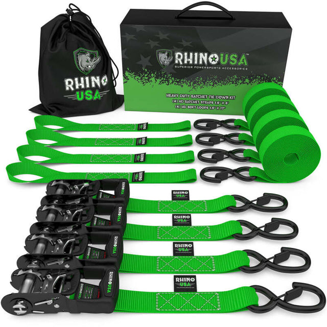 Rhino USA Heavy Duty Ratchet Tie-Down 4-Pack (Green) 1.6In X 8Ft Rhino USA Cargo Tie-Downs  AXOPROS