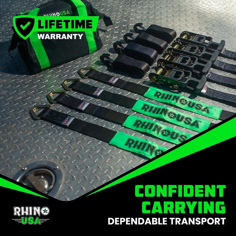 Rhino USA Heavy Duty Vehicle Tie Down Kit- Green Rhino USA Cargo Tie-Downs  AXOPROS