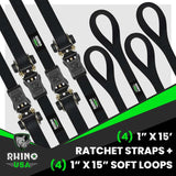 Rhino USA Medium Duty Ratchet Strap Tie-Down 4-Pack (Black) Rhino USA Cargo Tie-Downs  AXOPROS