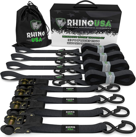 Rhino USA Medium Duty Ratchet Strap Tie-Down 4-Pack (Black) Rhino USA Cargo Tie-Downs  AXOPROS