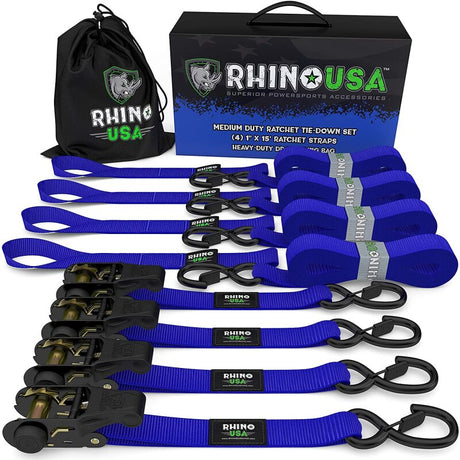 Rhino USA Medium Duty Ratchet Strap Tie-Down 4-Pack (Blue) Rhino USA Cargo Tie-Downs  AXOPROS