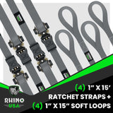 Rhino USA Medium Duty Ratchet Strap Tie-Down 4-Pack (Gray) Rhino USA Cargo Tie-Downs  AXOPROS