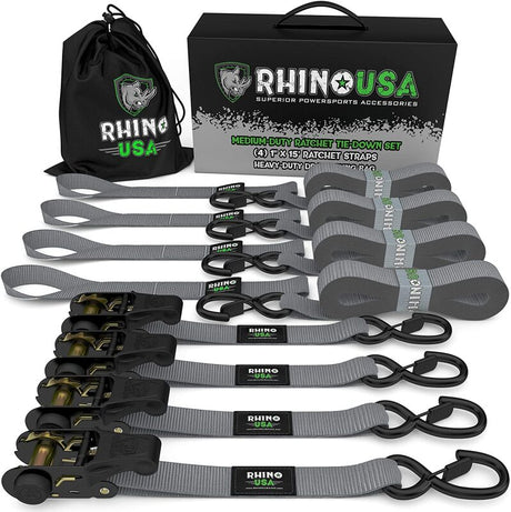 Rhino USA Medium Duty Ratchet Strap Tie-Down 4-Pack (Gray) Rhino USA Cargo Tie-Downs  AXOPROS