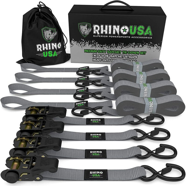 Rhino USA Medium Duty Ratchet Strap Tie-Down 4-Pack (Gray) Rhino USA Cargo Tie-Downs  AXOPROS