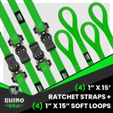 Rhino USA Medium Duty Ratchet Strap Tie-Down 4-Pack (Green) Rhino USA Cargo Tie-Downs  AXOPROS