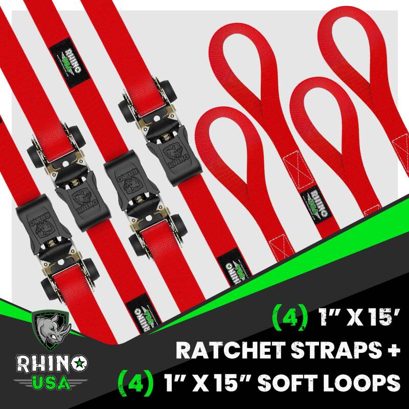 Rhino USA Medium Duty Ratchet Strap Tie-Down 4-Pack (Red) Rhino USA Cargo Tie-Downs  AXOPROS