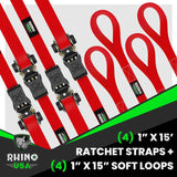 Rhino USA Medium Duty Ratchet Strap Tie-Down 4-Pack (Red) Rhino USA Cargo Tie-Downs  AXOPROS