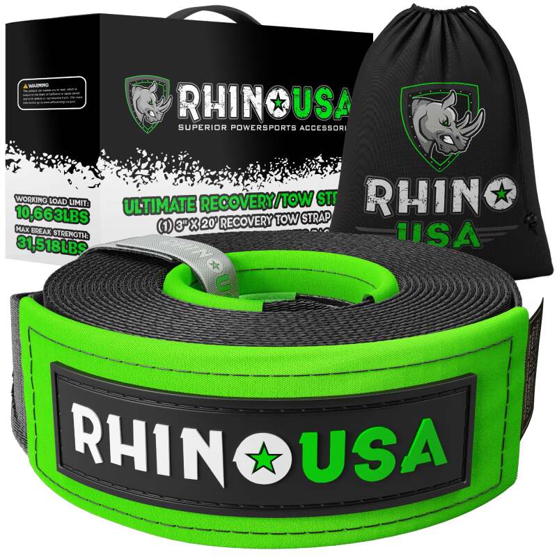 Rhino USA Recovery Tow Strap 3Inx30Ft (Black) Rhino USA Tow Straps  AXOPROS