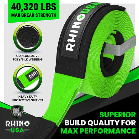 Rhino USA Recovery Tow Strap 4Inx30Ft (Green) Rhino USA Tow Straps  AXOPROS