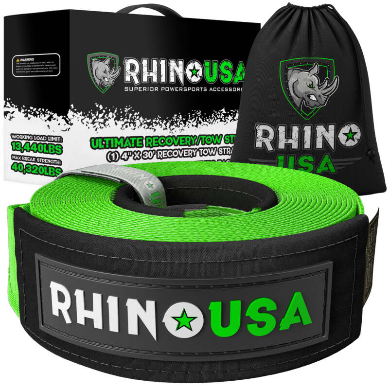Rhino USA Recovery Tow Strap 4Inx30Ft (Green) Rhino USA Tow Straps  AXOPROS