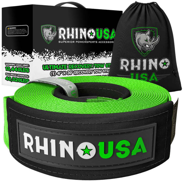 Rhino USA Recovery Tow Strap 4Inx30Ft (Green) Rhino USA Tow Straps  AXOPROS