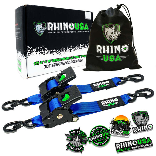 Rhino USA Retractable Ratchet Straps (2Pk 2Inx10Ft) Blue Rhino USA Tow Straps  AXOPROS