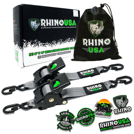 Rhino USA Retractable Ratchet Straps (2Pk 2Inx10Ft) Gray Rhino USA Tow Straps  AXOPROS