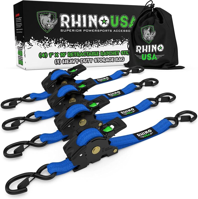 Rhino USA Retractable Ratchet Straps (4Pk 1Inx10Ft) (Blue) Rhino USA Tow Straps  AXOPROS