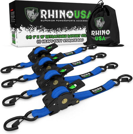 Rhino USA Retractable Ratchet Straps (4Pk 1Inx10Ft) (Blue) Rhino USA Tow Straps  AXOPROS