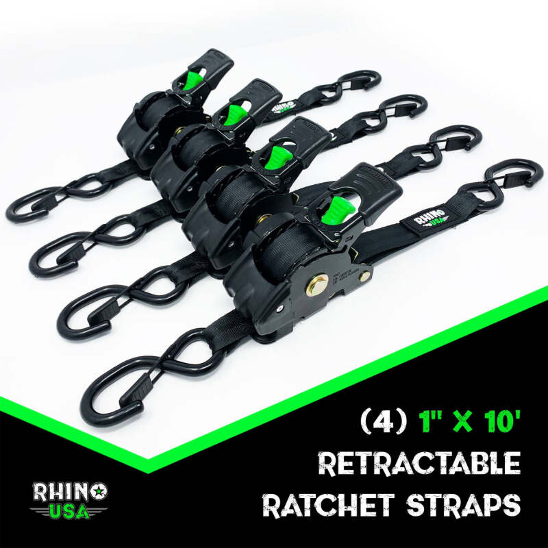 Rhino USA Retractable Ratchet Straps (4Pk 1Inx10Ft) (Gray) Rhino USA Tow Straps  AXOPROS