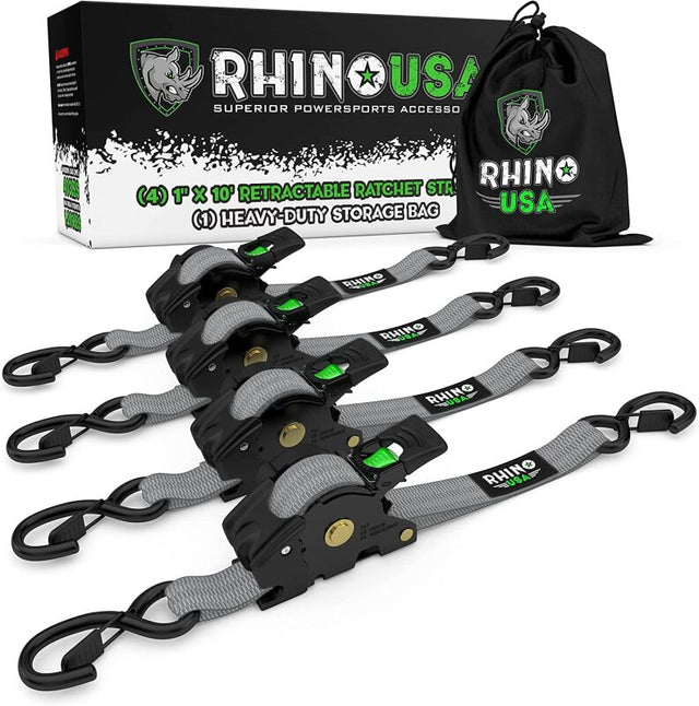 Rhino USA Retractable Ratchet Straps (4Pk 1Inx10Ft) (Gray) Rhino USA Tow Straps  AXOPROS