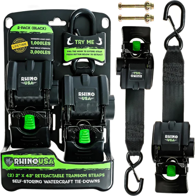 Rhino USA Retractable Transom Straps (2 Pack-Black) Rhino USA Tow Straps  AXOPROS